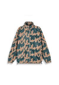 Polarowy kurta w kolorze teal z abstrakcyjnym pomarańczowym wzorem fali. Posiada wysoki kołnierz, pełny zamek błyskawiczny i regulowany dół. Haftowane logo na klatce piersiowej.