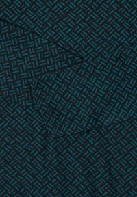 Textilie s tmavým pozadím a opakujícím se geometrickým vzorem tyrkysových linií, vytvářejícím texturovaný a vrstvený vzhled.