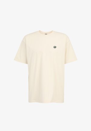 Light cream cotton t-shirt with a round neckline and short sleeves, featuring a small green circular logo on the left chest.