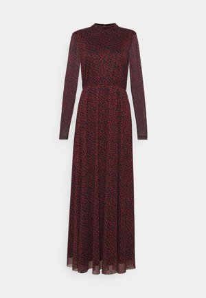 Schwarzes langärmliges Maxikleid mit hohem Ausschnitt und durchgehend kleinem roten Blumenmuster, taillierter Taille und fließendem Rock.