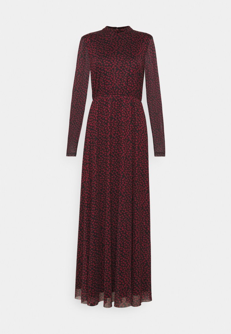 Robe maxi noire à manches longues avec un col montant et un petit motif floral rouge partout, taille cintrée et jupe fluide.