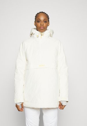Weiße, gesteppte Jacke mit hohem Kragen und verstellbarem Kapuze, ausgestattet mit einer Fronttasche und gelben Akzenten. Geeignet für Wintersport.