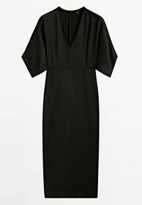 Sort kjole med korte ærmer, V-hals og en tilpasset talje. Glat stof med en knælængde og en lige silhuet.