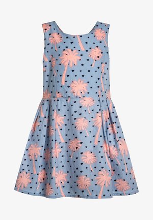 Ärmelloses blaues Kleid mit pinkfarbenen Palmen-Prints und kleinen schwarzen Punkten, tailliert und mit ausgestelltem Rock.
