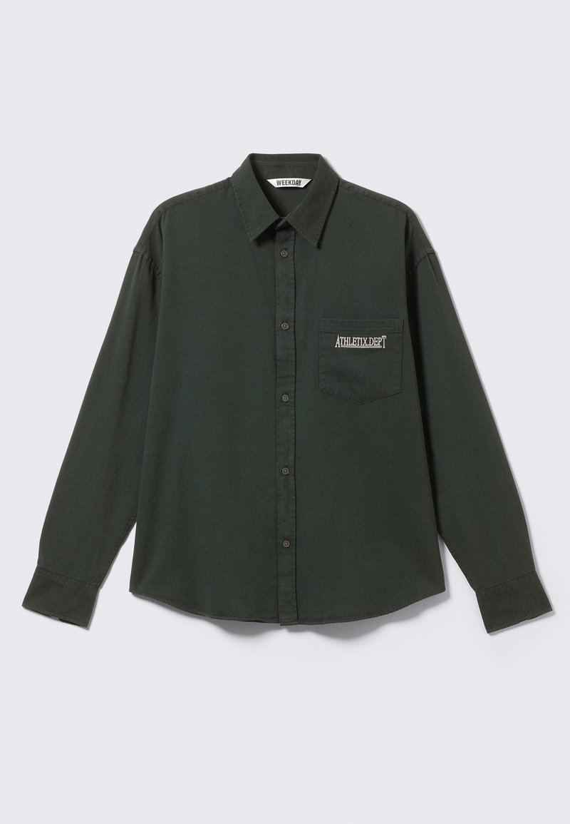 Green long-sleeve button-up shirt made of fabric with a smooth texture. Features a chest pocket with a logo and a classic collar design.