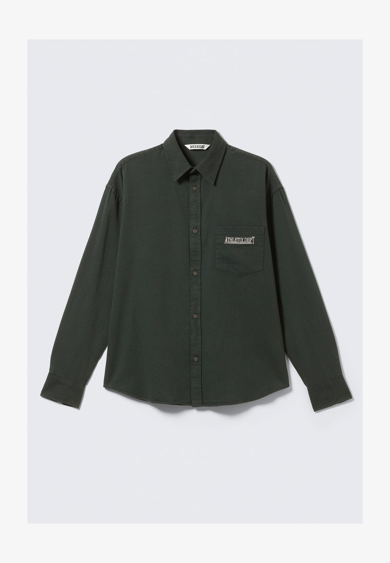 Green long-sleeve button-up shirt made of fabric with a smooth texture. Features a chest pocket with a logo and a classic collar design.