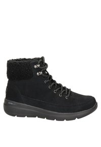 Botas altas negras con upper de ante, cuello acolchado y cordones texturizados, con una suela acolchada etiquetada como "ULTRA GO".