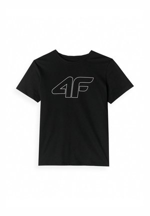 Czarny t-shirt z krótkim rękawem z białym konturem logo "4F" na środku przodu, przedstawiony na jednolitym białym tle.