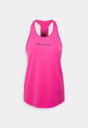 Jaskraworóżowy bezrękawnik sportowy z racerback i czarnym logo Champion na środku klatki piersiowej.