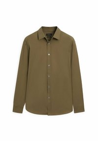 Langärmliges, mit Kragen versehenes Hemd in Olivgrün mit einer glatten Textur. Es verfügt über eine knopfbare Vorderseite und einen abgerundeten Saum mit dezenten Nähten.