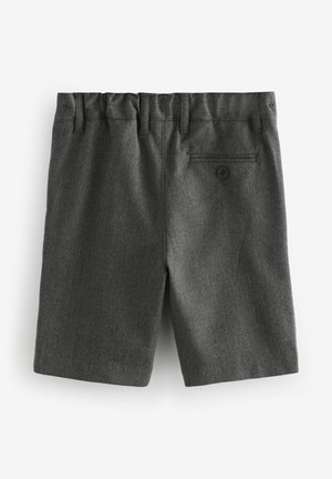 Graue Shorts aus strukturiertem Stoff mit flachem Frontdesign, elastischem Bund und einer einzelnen Gesäßtasche mit Knopfverschluss.