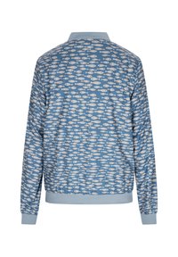 Light blue bomber jacket with white fish pattern, elastic hem and cuffs, ribbed collar, and smooth fabric texture.