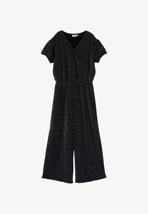 Combinaison noire à manches courtes et jambes larges, col en V et taille froncée, avec un léger brillant sur toute la matière.