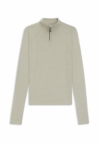 Bluzka z długim rękawem z jasnoszarej prążkowanej tkaniny, z wysokim kołnierzem i zamkiem na pół z detalami akcentującymi w kolorze czarnym i beżowym.