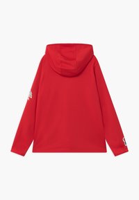 Punainen hupullinen takki, joka on valmistettu sileästä kankaasta, varustettuna pitkillä hihoilla ja logotiedolla vasemmassa hihassa. Yksinkertainen, yksivärinen muotoilu.