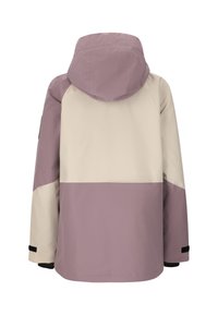 Vattentålig jacka i ljuslila och krämfärg. Har huva, färgblockdesign och svarta detaljer på ärmsluten. Slät textur.