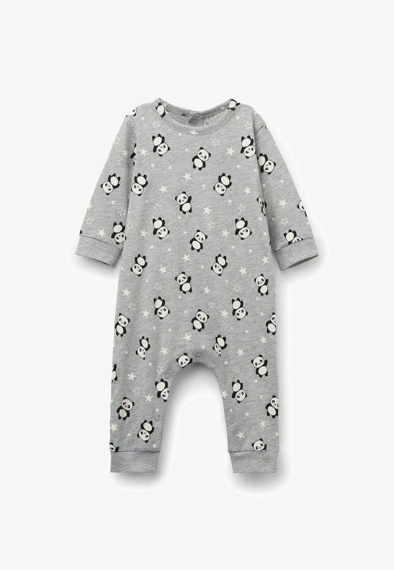Combinaison bébé grise à manches longues avec boutons-pression et motif imprimé de pandas et d’étoiles sur l’ensemble.