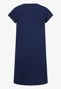 Sundress de algodão azul-marinho com mangas curtas e decote redondo. Apresenta um corte reto e textura suave. Design simples, em cor sólida.