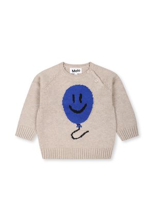 Maglione lavorato a maglia beige con scollo rotondo e maniche lunghe. Presenta una grafica di un palloncino blu con un sorriso sul davanti e dettagli con bottoni sulla spalla.