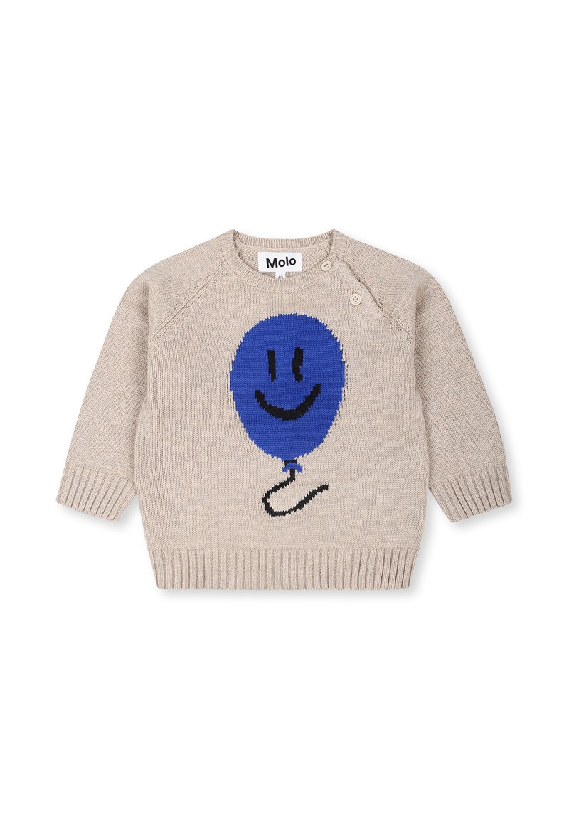 Maglione lavorato a maglia beige con scollo rotondo e maniche lunghe. Presenta una grafica di un palloncino blu con un sorriso sul davanti e dettagli con bottoni sulla spalla.