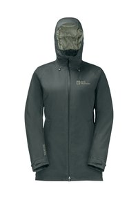 Grau wasserdichte Jacke mit Kapuze, Reißverschlüssen und strukturierter Oberfläche. Verfügt über ein Logo auf der Brust und verstellbare Manschetten für einen sicheren Sitz.