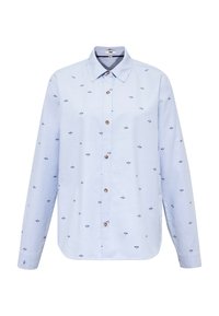 Light blue long-sleeve shirt made of cotton, featuring small navy floral embroidery and brown buttons down the front.