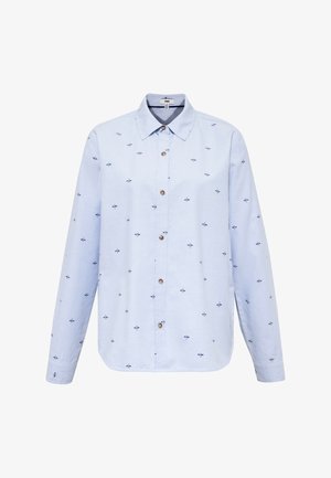 Light blue long-sleeve shirt made of cotton, featuring small navy floral embroidery and brown buttons down the front.