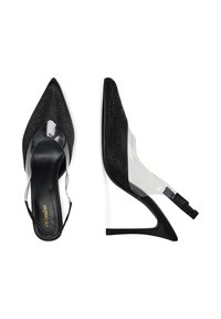 Pantofi cu toc înalt negri, cu vârf ascuțit, superior perforat, panouri laterale transparente și curea ajustabilă la glezna.