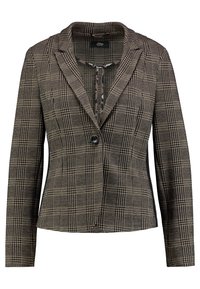 Veste à carreaux en tissu marron et noir, dotée d'un col cranté, d'une fermeture à bouton unique et de manches longues avec une coupe ajustée.