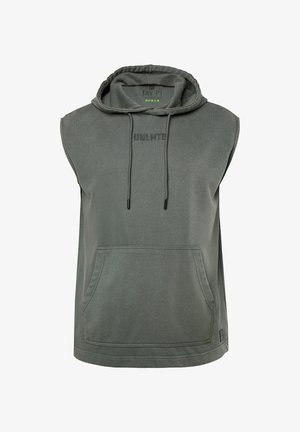 Bezrękawnik z kapturem w kolorze szarym, wykonany z miękkiego materiału. Posiada przednią kieszeń oraz wytłoczone logo "UNLMTD" na piersi.