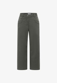 Pantalones anchos color oliva oscuro con cierre frontal de botones y cremallera, trabillas para cinturón y dos bolsillos delanteros, mostrados sobre un fondo blanco.