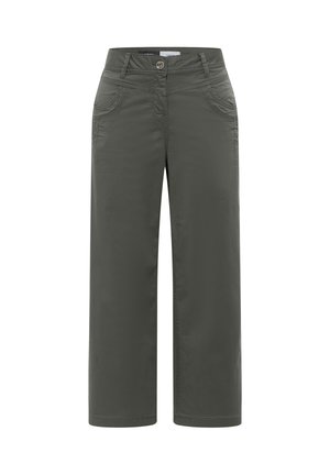 Pantalon à jambes larges couleur olive foncé avec fermeture à boutons et fermeture éclair à l'avant, passants pour ceinture, et deux poches avant, présenté sur un fond blanc.