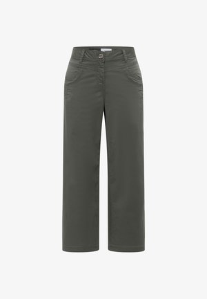 Pantalon à jambes larges couleur olive foncé avec fermeture à boutons et fermeture éclair à l'avant, passants pour ceinture, et deux poches avant, présenté sur un fond blanc.