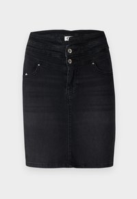 Černá džínová sukně s přiléhavým střihem, zapínání na dva knoflíky a dvě přední kapsy. Hladký povrch s mírným elastickým efektem pro pohodlí.