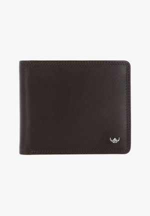 Dunkelbraune Leder-Bifold-Brieftasche mit sichtbarer Naht und einem kleinen silbernen Logoemblem in der unteren rechten Ecke.