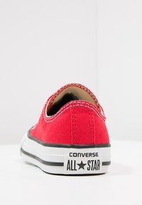 Rote Canvas-Sneaker mit weißer Gummisohle und schwarzem Streifen, mit einem Logo an der Ferse und kontrastierendem weißen Nähten entlang der Kante.