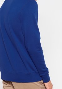 Sudadera azul con cuello redondo y mangas largas. Textura suave y puños y dobladillo acanalados. Presenta detalles sutiles de costura.