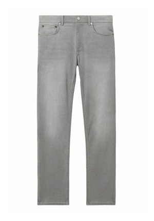 Grijze denim jeans met een recht model, vijf zakken en contrasterende stiksels. Voorzien van een knoopsluiting en riemlussen in de taille.