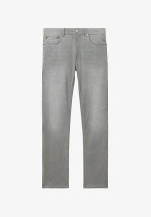 Sive traperice z ravnim krojem, pet žepov in kontrastnim šivanjem. Imajo gumbasto zapiranje in zanke za pas v predelu pasu.