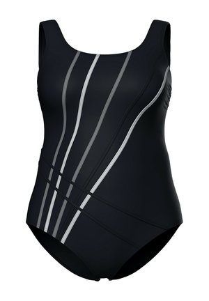 Maillot de bain noir avec un décolleté arrondi, doté de rayures diagonales argentées sur le devant et de fronces sur les côtés.