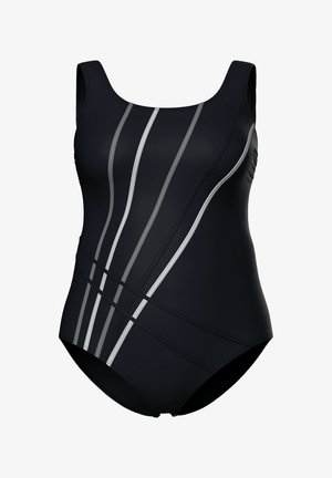 Maillot de bain noir avec un décolleté arrondi, doté de rayures diagonales argentées sur le devant et de fronces sur les côtés.