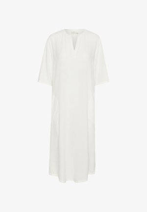 Valge tunika kleit V-kaelusega, lühikeste varrukatega ja küljetaskutega. Valmistatud kerge kangaga, mille pind on sile.