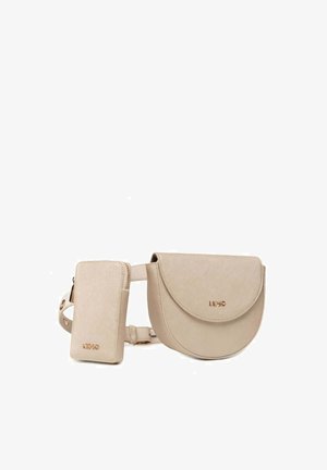 Borsa a tracolla in finta pelle beige con patta arrotondata, tracolla regolabile e pochette piccola removibile, con un leggero logo in rilievo.