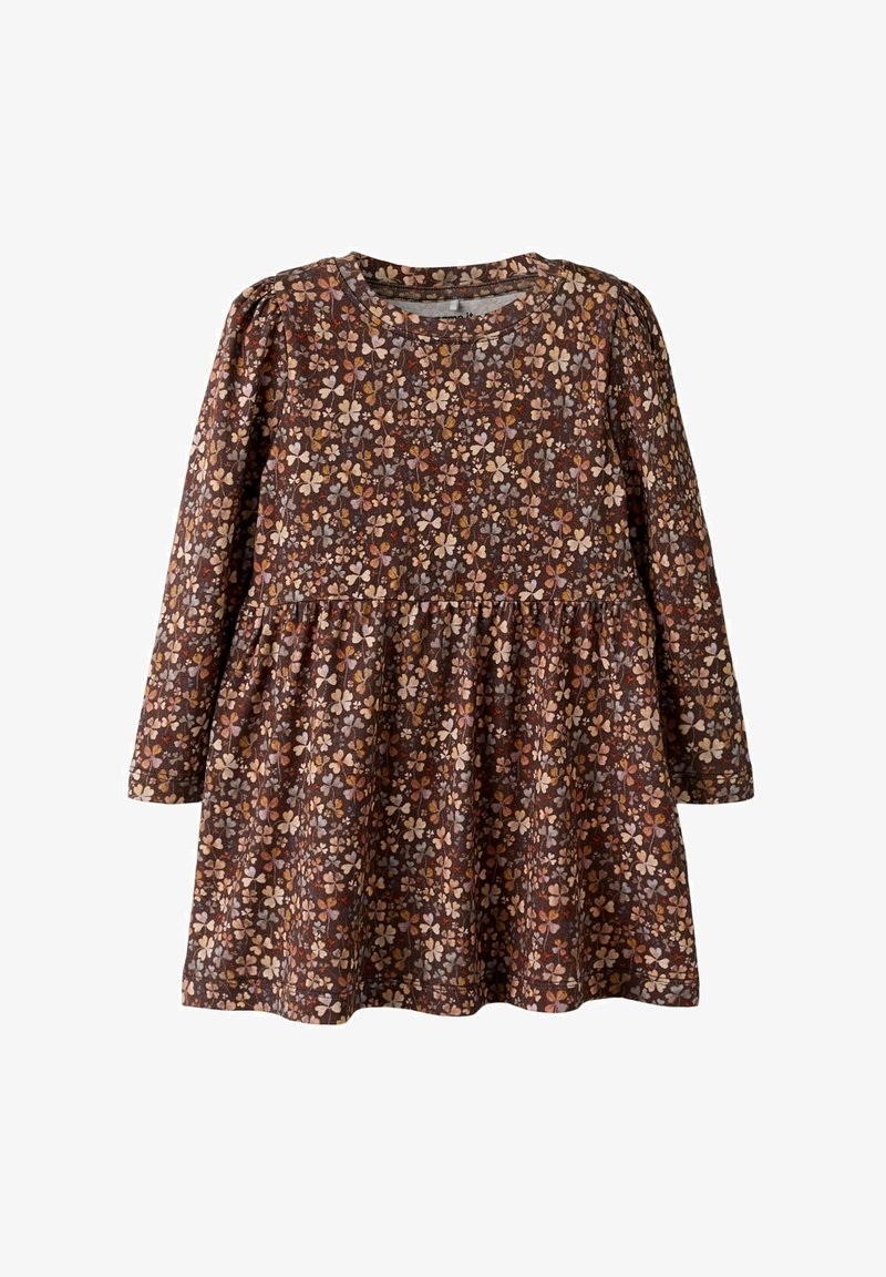 Rjava cvetna obleka z dolgimi rokavi, z nabranim krilom, izdelana iz mehke tkanine z majhnimi večbarvnimi cvetličnimi vzorci.