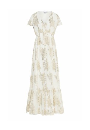 Abito lungo bianco con ricamo floreale dorato, maniche corte, scollo a V, vita arricciata con cinturino a nappine e orlo arricciato.