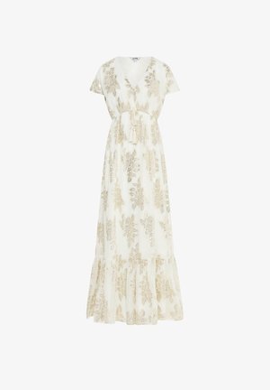 Weißes Maxikleid mit goldener Blumenstickerei, kurzen Ärmeln, V-Ausschnitt, geraffter Taille mit Quastenband und Rüschensaum.
