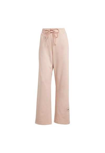Light pink sweatpants made of soft fabric, featuring a drawstring waist, wide legs, and a logo print on the lower left side.