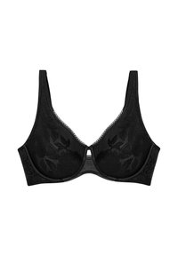 Sort underwire bh med blomsterlacemønster og scalloped kant langs halsudskæringen og stropperne, med en lille udskæring i midten foran.