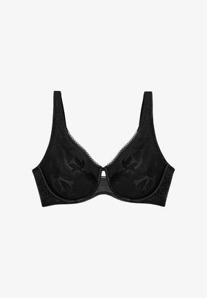 Sort blonde-bra med blomstermønster, underwire støtte, bølgede kanter og justerbare stropper. Har en central dekorativ accent.