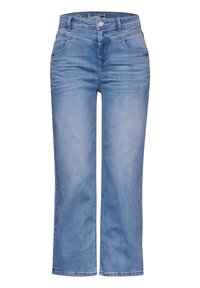 Vaaleansiniset farkut suoran lahkeen muotoilulla, viidellä taskulla, nappikiinnityksellä ja kenties havaittavalla haalistumisella kankaan pinnalla.